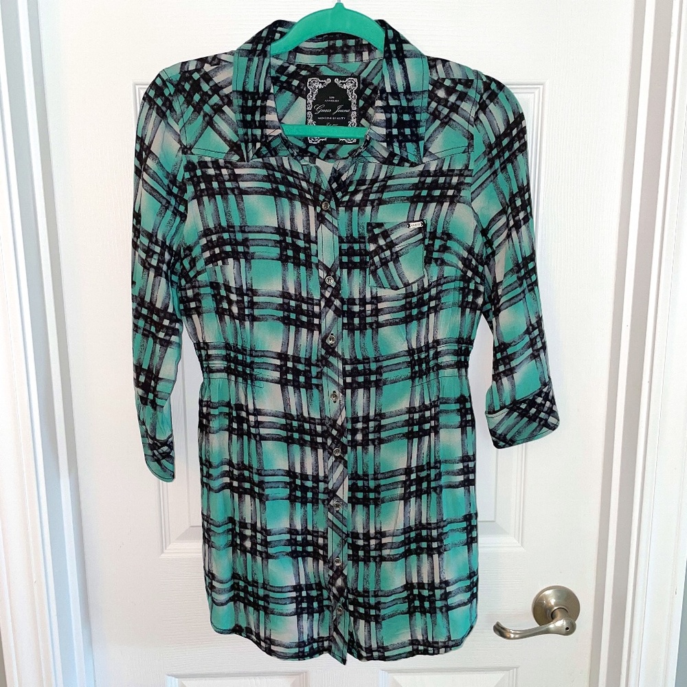 EUC Guess Black Label Teal Black Plaid Tunic Top M